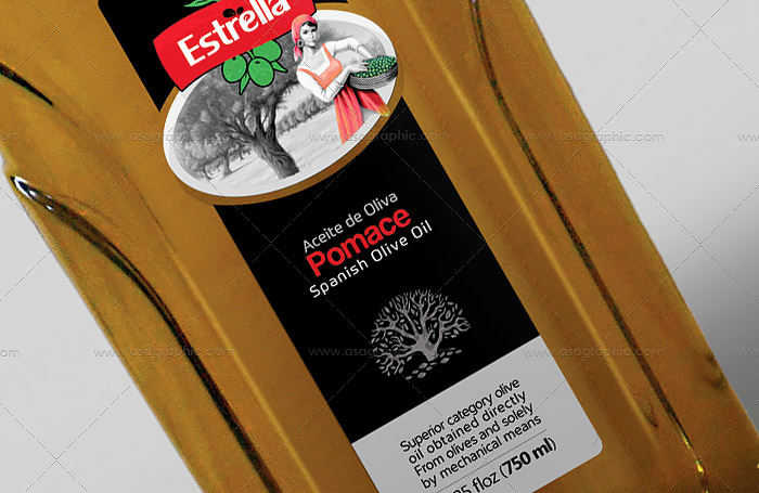 طراحی و چاپ لیبل شیشه روغن تفاله زیتون برند Estrella